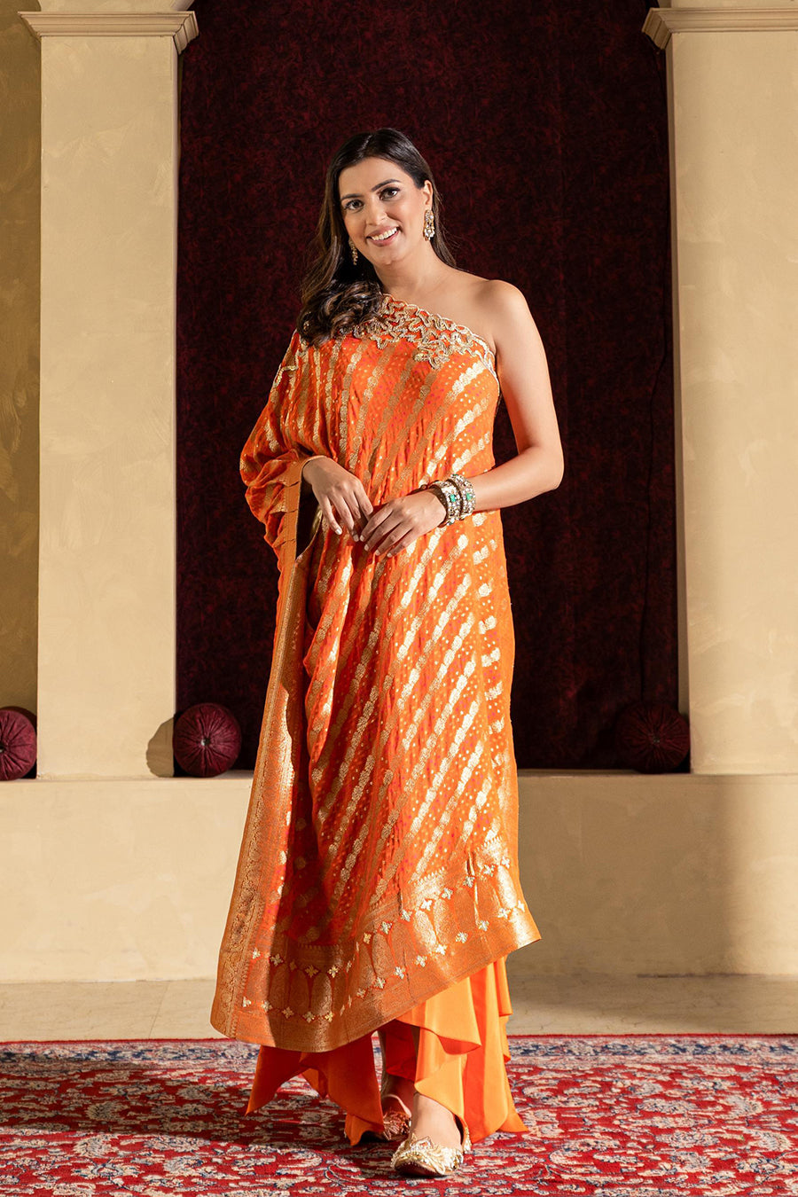 Orange Bandhej Cape & Drape pant Co-ord Set