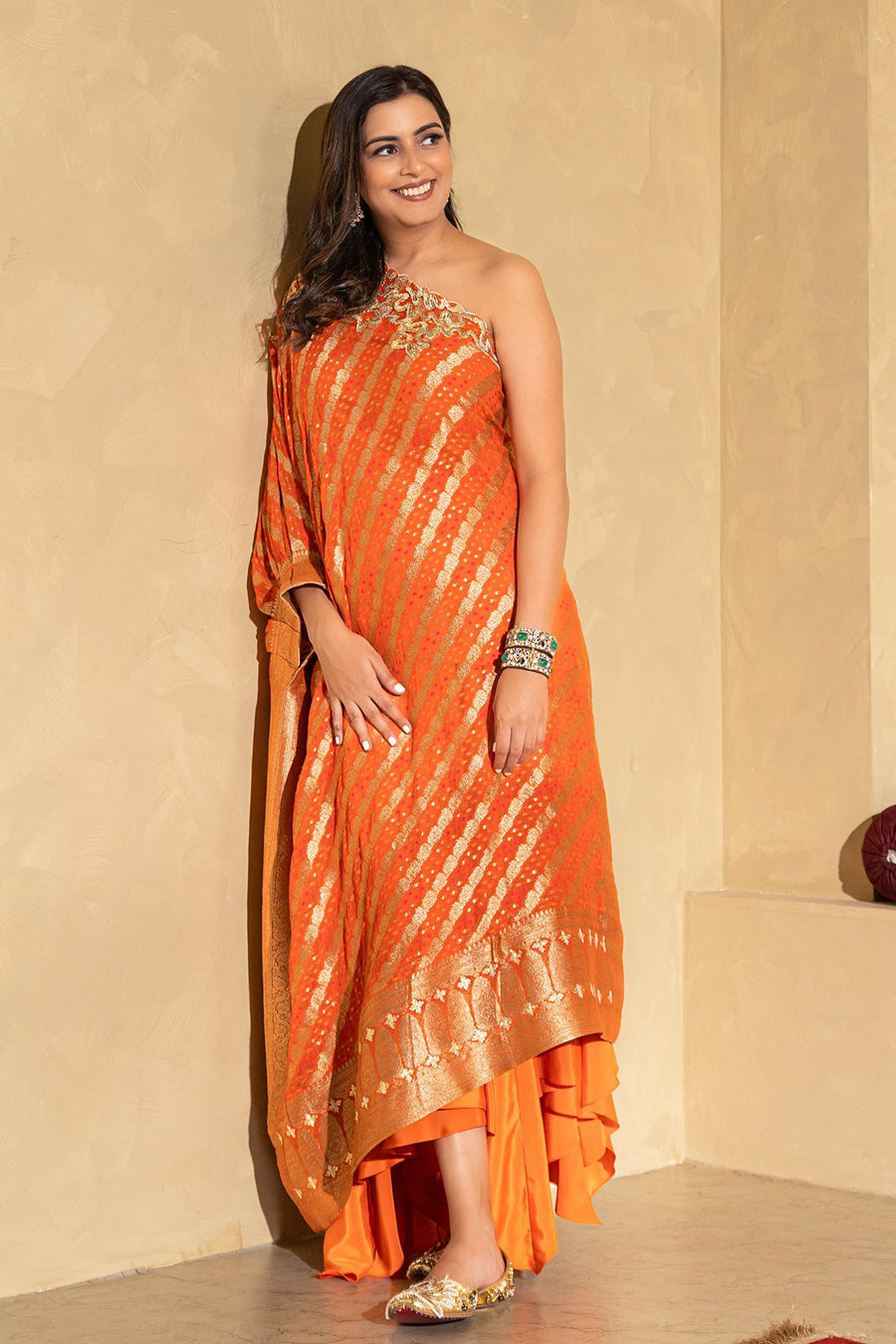 Orange Bandhej Cape & Drape pant Co-ord Set