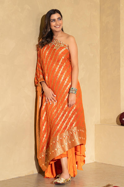 Orange Bandhej Cape & Drape pant Co-ord Set