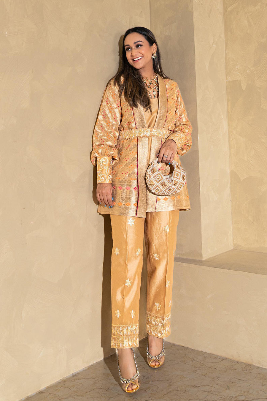 Beige Bandhej jacket Co-ord Set
