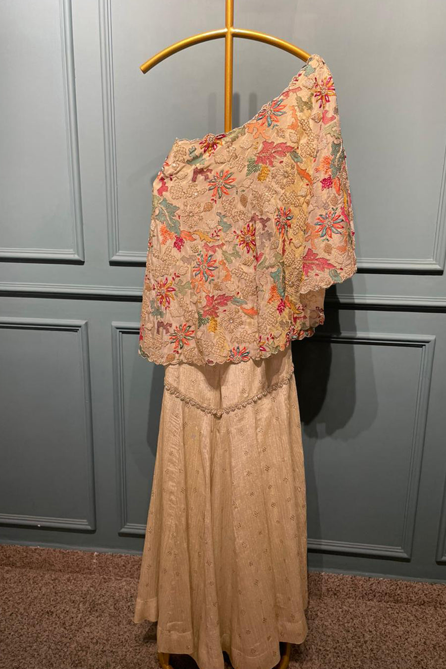 One shoulder multi embroidered cape and crinkle tissue gharara set