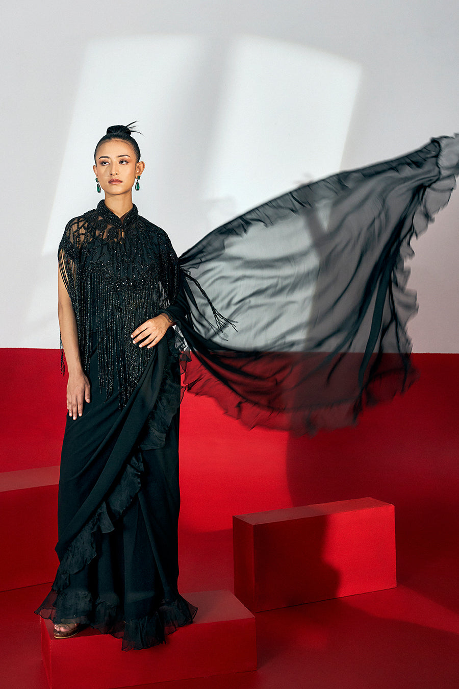 Ruffle Saree & Black Embroidered Cape With Tassles