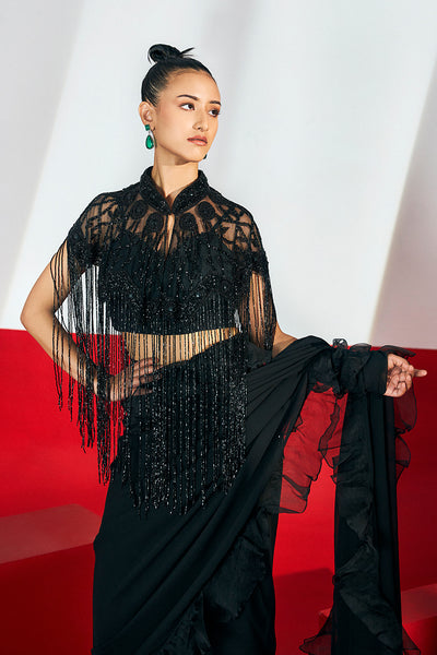 Black Embellished Cape With Tassels