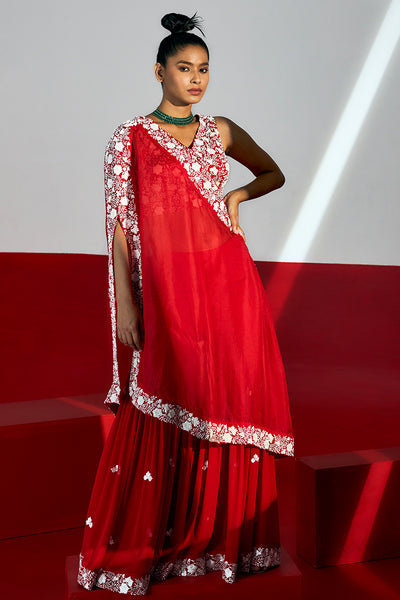 Red Embroidered Sharara & Cape Set