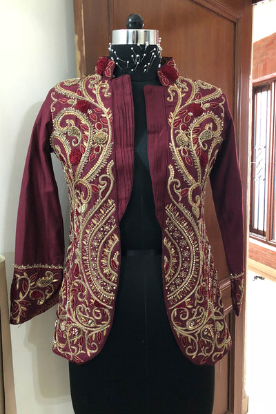 Embroidered silk blazer & pant set
