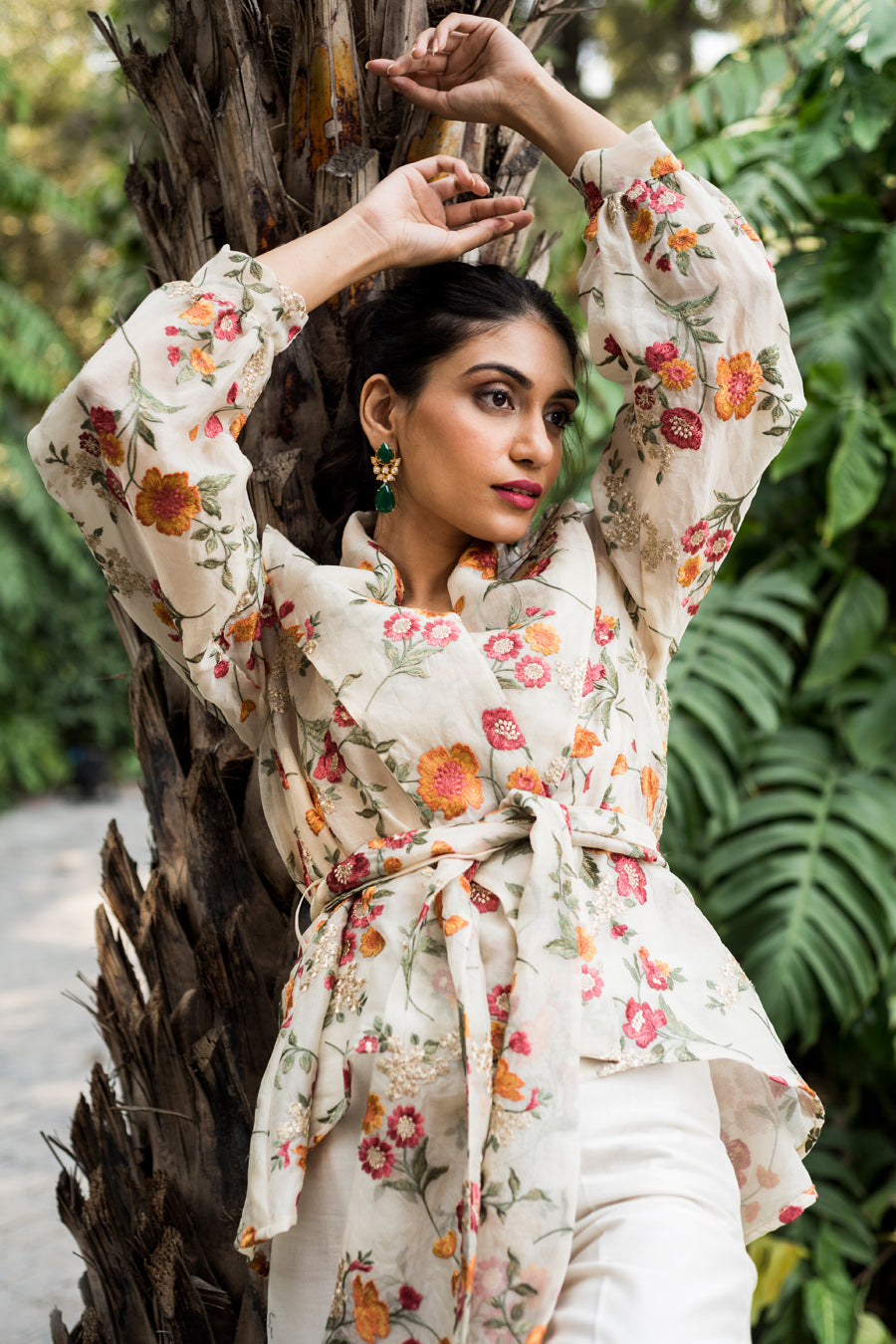 Floral embroidered organza top & pant set