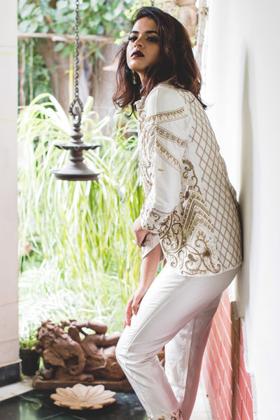 Embroidered silk blazer & pant set