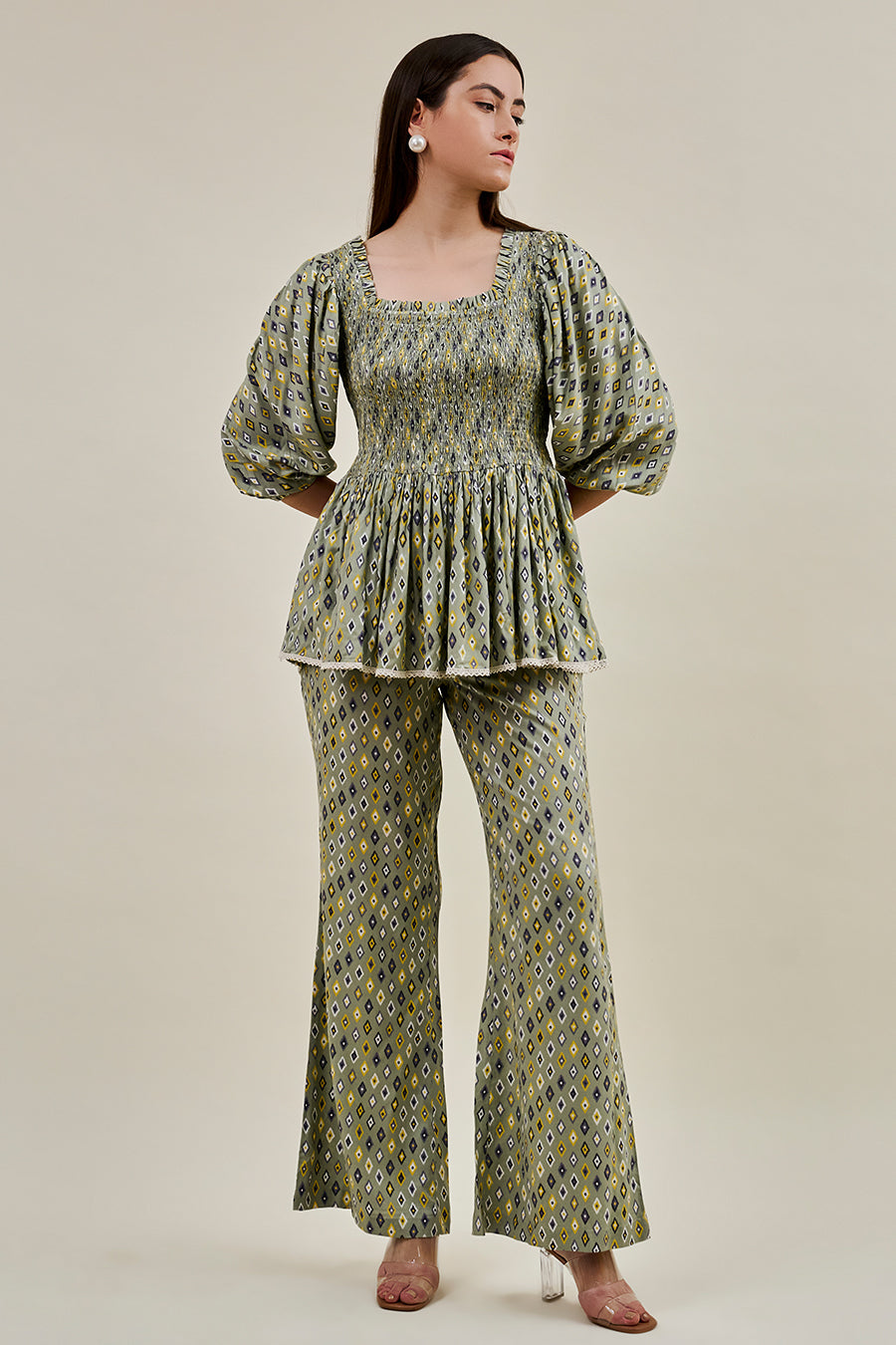 Printed co-ord set with smocking