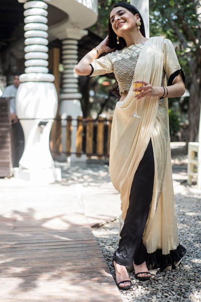 Cream & black scallop pant saree set